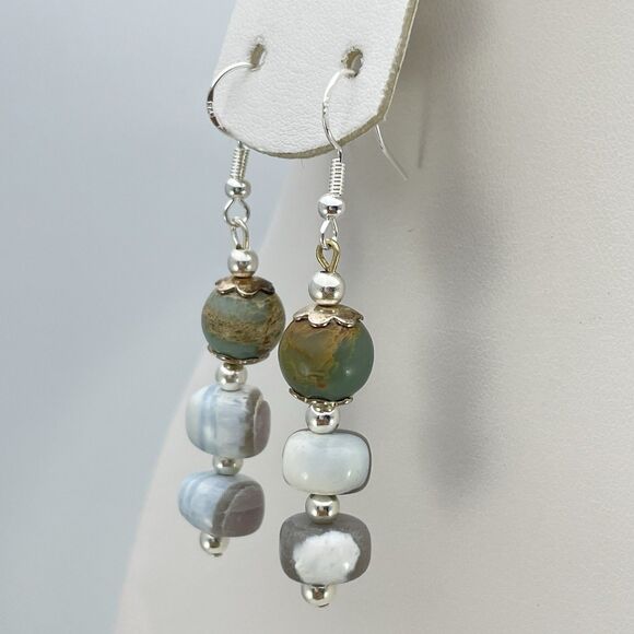 Sterling Silver Plated Jasper Stone Blue Opal Beaded Dangle Earrings Boho Unique - Picture 3 of 6